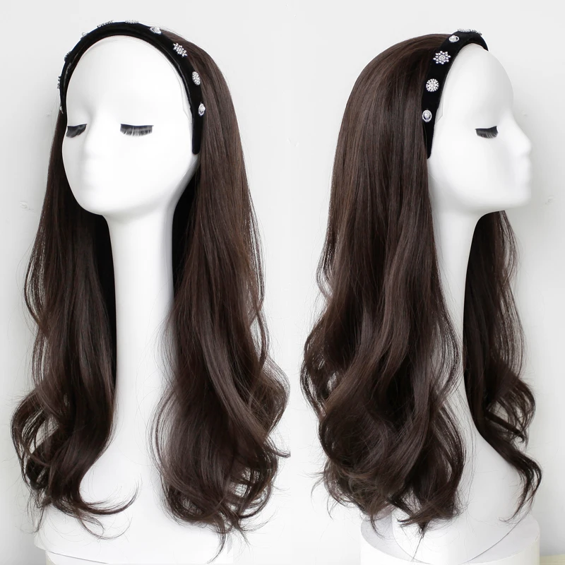 

LANALN wig female long hair iu same style long curly hair lazy hair band wig half headgear natural big wave full headgear