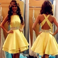 new yellow 2020 short cocktail graduation dresses beaded belt a line prom gown satin open back custom made robe de soiree