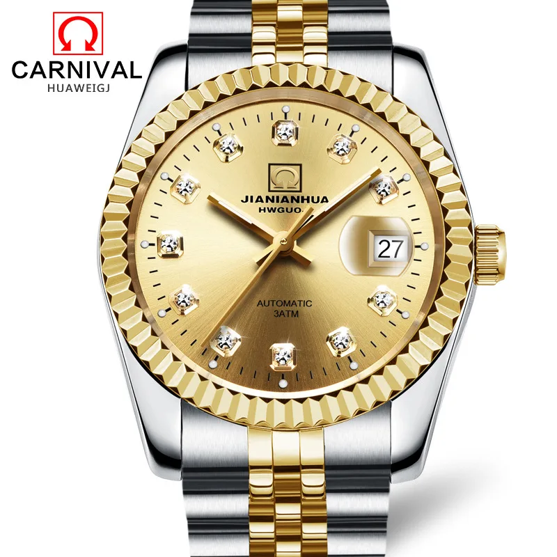 Carnival Brand Fashion Gold Automatic Watch Men Waterproof Sapphire Business Calendar Mechanical Wristwatch Relogio Masculino enlarge