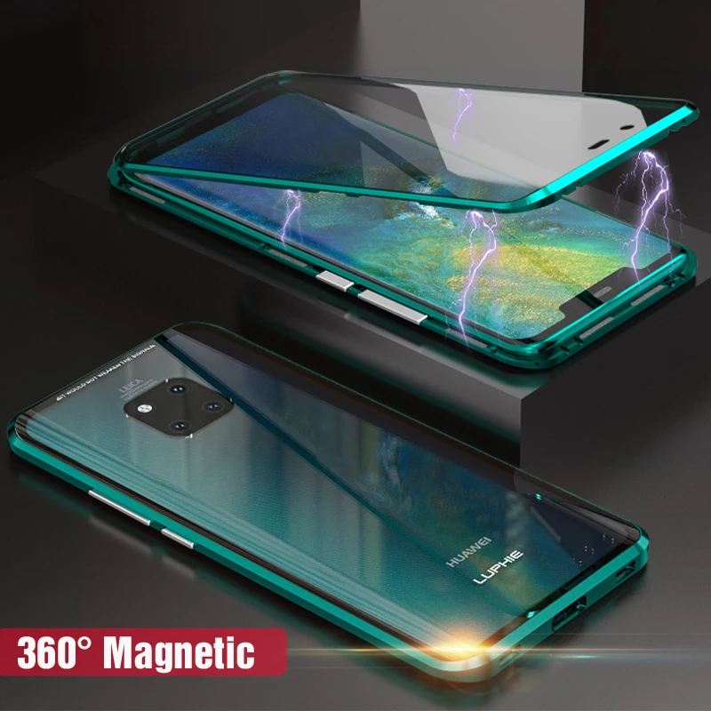 Магнитный металлический чехол для Huawei Mate 20 Pro противоударный Полный стеклянный