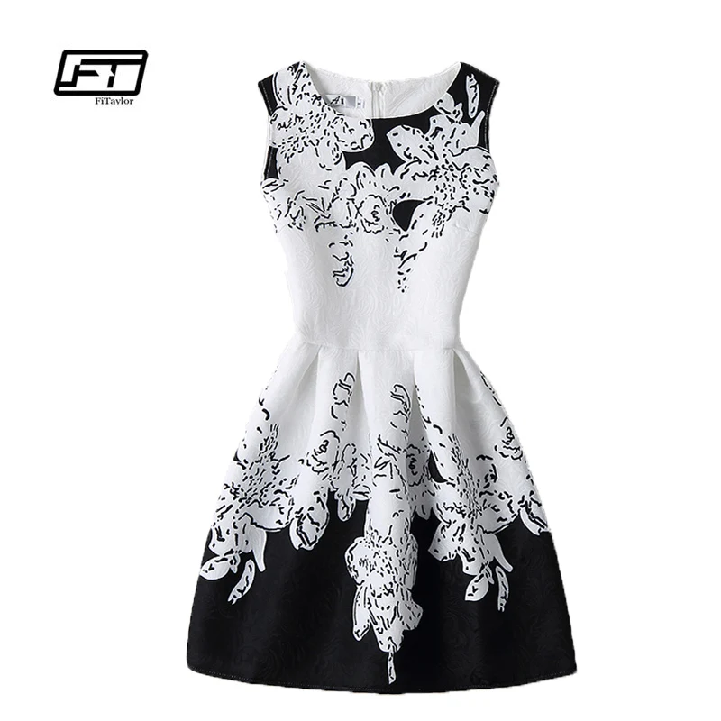 Летнее женское винтажное платье без рукавов с круглым вырезом и цветочным