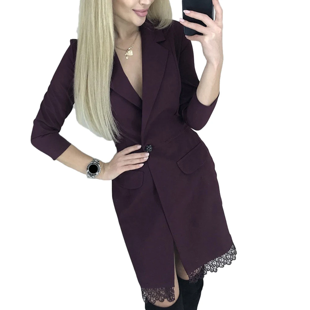 Office Lady Lapel Collar 3/4 Sleeve Lace Hem Button Knee-length Dress Blazer | Женская одежда