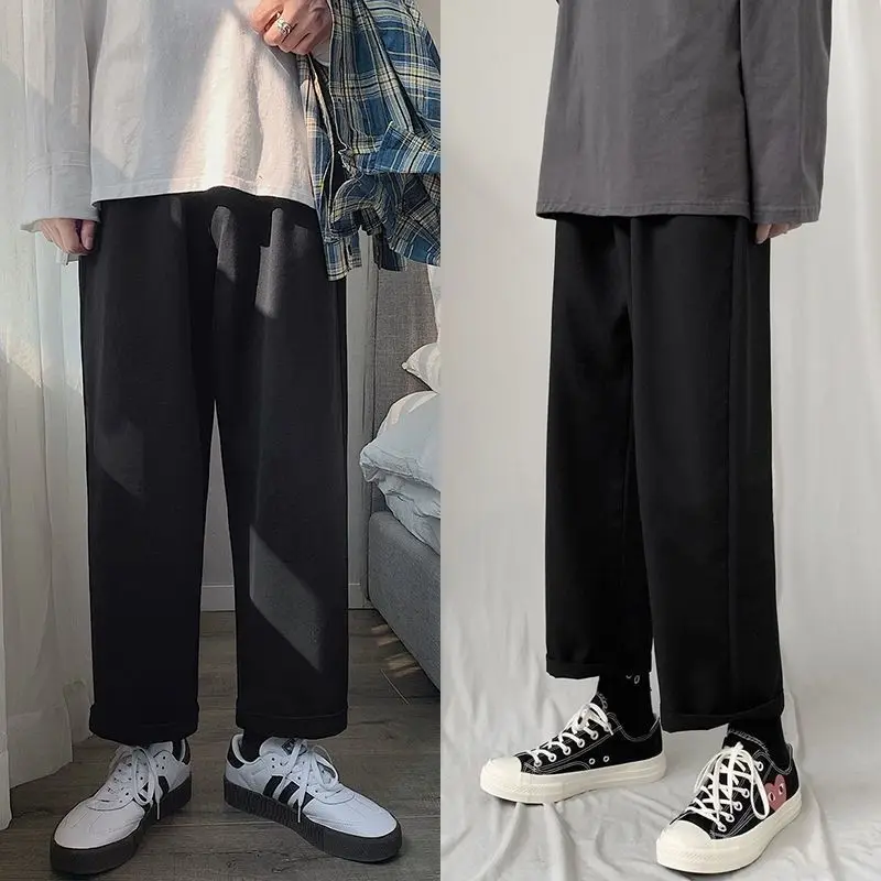 Draping trousers men's straight loose wide-leg spring summer black all-match casual preppy ankle-length suit pants Korean trend