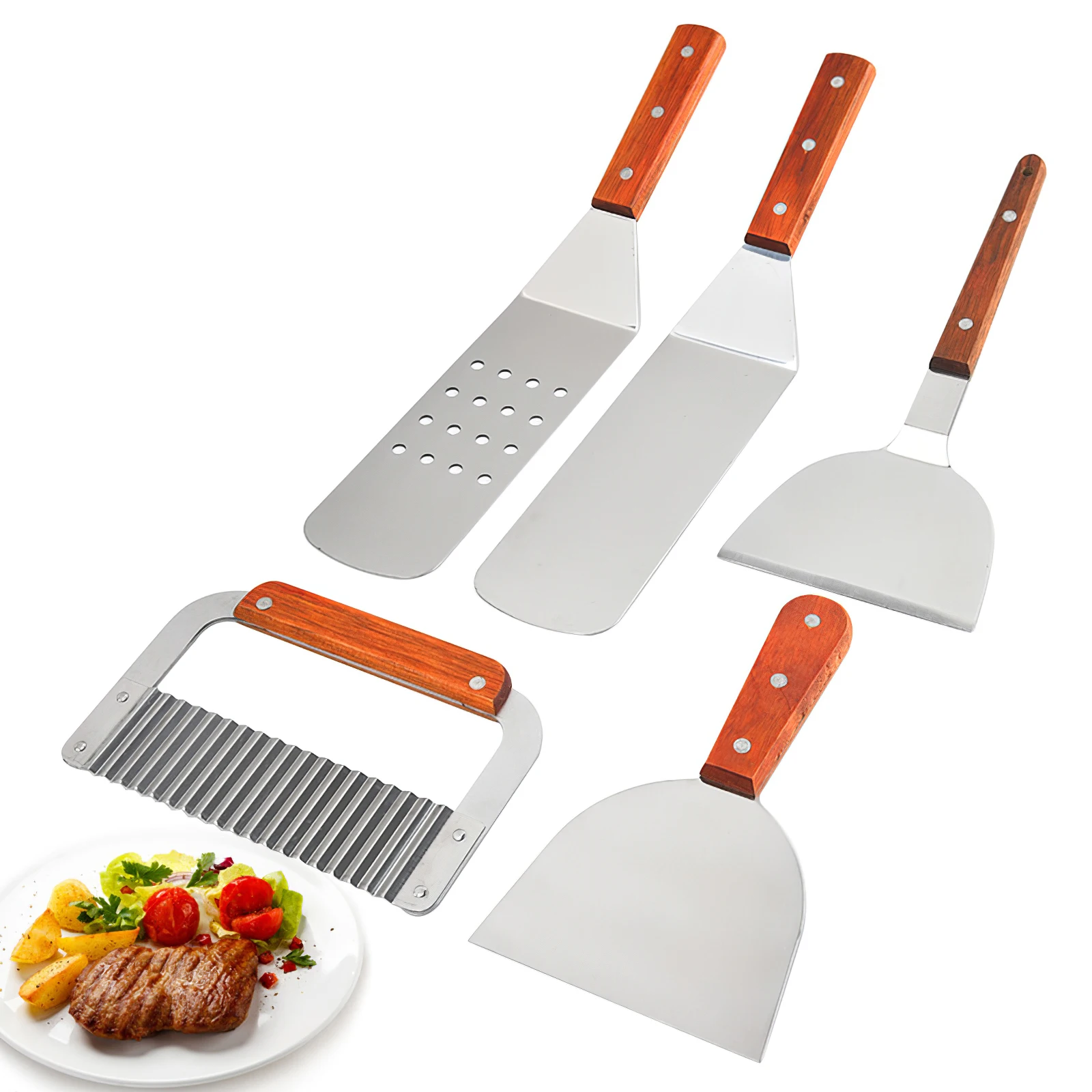 

Five Pieces Barbecue Tool Set BBQ Combination Grill BBQ Griddle Accessories Set Exclusive Griddle Tools Long Short Spatulas Set