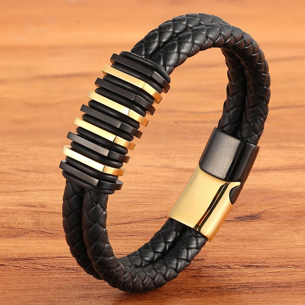 

Classic Style Simulation Building Shape Stainless Steel Luxury Men's Leather Bracelet 4 Colors Simple Button For Birthday Gifts