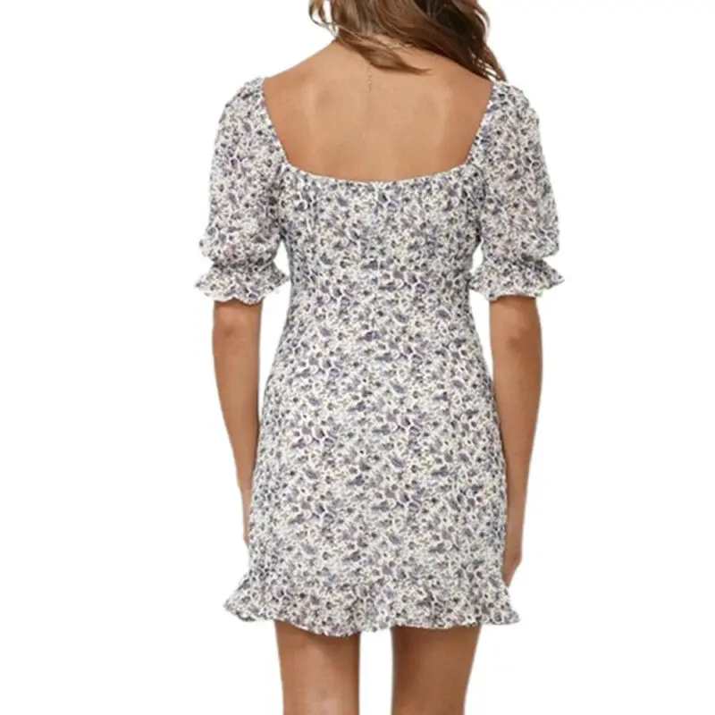 

Women's Dresses Floral Print Short Slevee Square Neck Dress Summer Sundress Holiday Beach Party Mini Dresses Women Vestidos