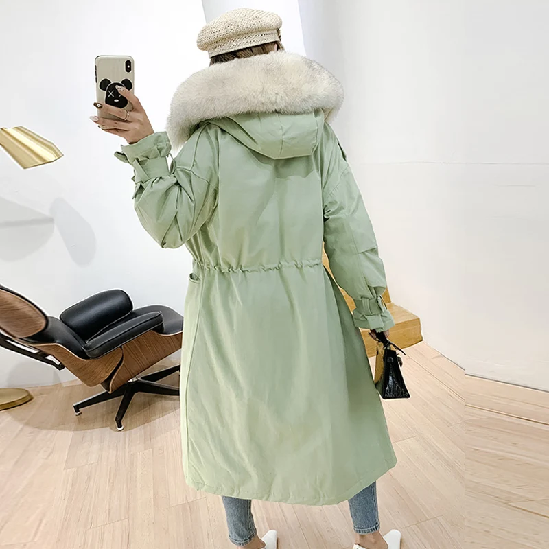 Женская длинная парка на утином пуху теплая куртка с капюшоном и воротником из