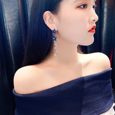 Korean Style Shiny Star Drop Earrings for Women New Bijoux Long Tassel Blue Crystal Dangle Jewelry Accessories |