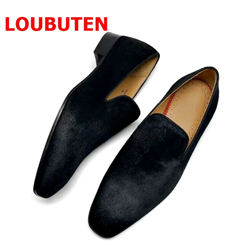 

LOUBUTEN British Style Fashion Black Horsehair Men Loafers Genuine Leather Casual Shoes Luxury Men's Dress Shoes Wedding Shoes