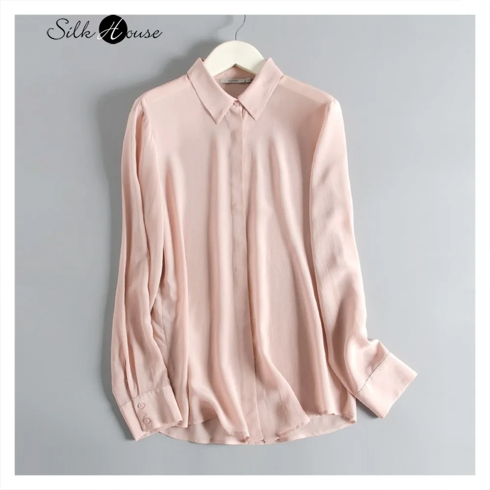 

Женская приталенная рубашка с отложным воротником, блузка из шелка и крепа с длинным рукавом и двойным низом, весна-осень 2021