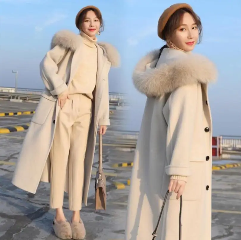 

Women Wool blend Outwear 2019 Winter Woolen Coat Long Sleeve Hooded Fur Collar Blends Jacket Elegant Overcoats Large Size p225