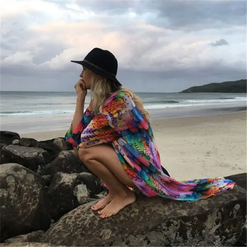 Женская Пляжная накидка на бикини saida de praia Пляжное разноцветное кимоно до