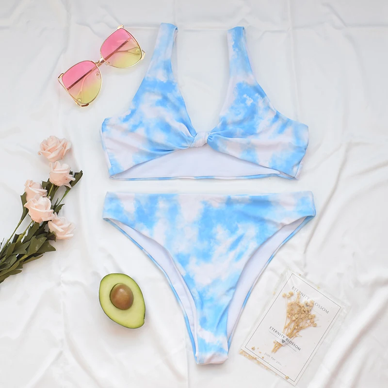 

MYTENG Tie Dye Print Bikinis Push Up Swimwear Women Mid Waist Bathing Suit Beachwear 2 Piece Set Swimsuit Summer Swim Biqiuni