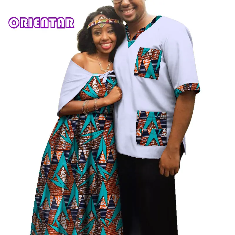 Traditional African Clothes for Couples Men Women African Print Long Dress Tops T Shirt Casual Ball Gown Lover Clothing WYQ181