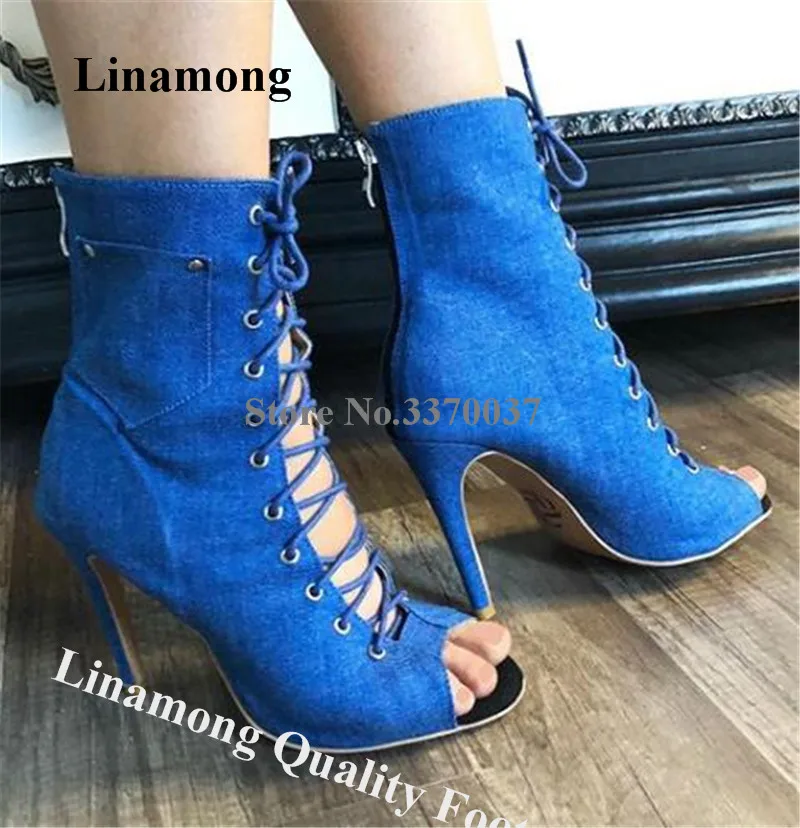 

Linсреди; Женские модные ботинки в западном стиле с открытым носком; Синие джинсовые ботинки на шпильке; Джинсовые ботильоны на высоком каблу...