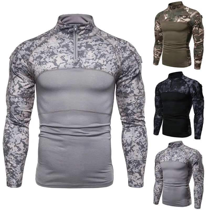 

Men's Camouflage T-Shirts Military Battlefield Outdoor Tops Patchwork Fitness Long Sleeve Zipper Pocket Elastic T-shirt