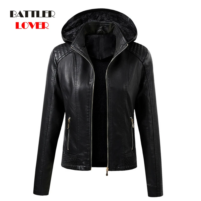 

New Winter PU Leather Jacket For Women Velvet Keep Warm Leather Coat Female Fashion Hooded Collar Windbreaker Short Punk Outwear