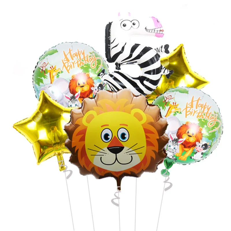 

6PC/jungle Theme Birthday Party Balloon Animal Number Lion Combination Aluminum Foil Balloon Set Baby Shower Ball