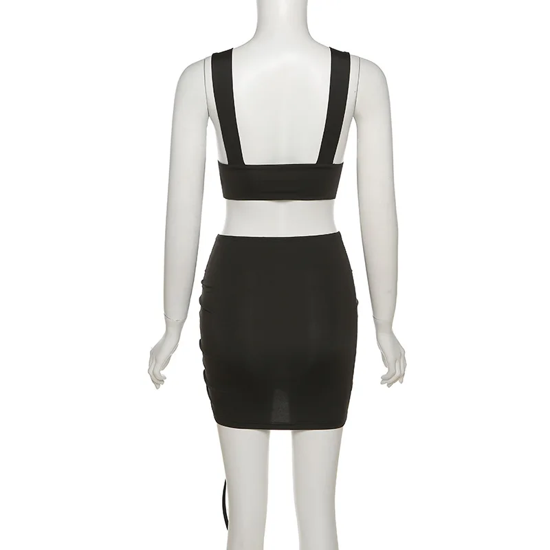 

ANGELS Bandage Drawstring Two Pieces Set For Women Fashion Sleeveless V-Neck Sexy Top + Sheath Ribbon Summer Suits Skirt AG31691