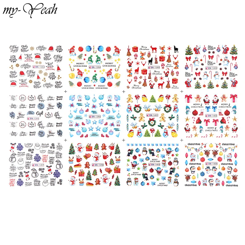 12 видов стилей/лист рождественские наклейки для дизайна ногтей переводятся с