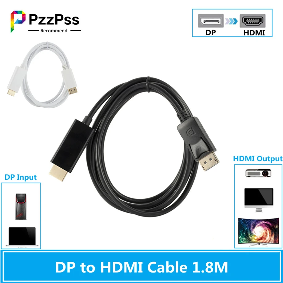 

PzzPss Display Port DP Male to HDMI-compatible Cable Adapter Super Long 1.8 Meters Converter Cable for Laptop PC HD TV