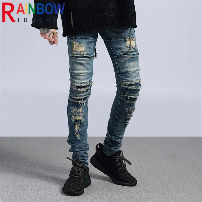 

Rainbowtouches High Street Ripped Jeans Washed Hip-Hop Do Old Knee Knife Cut Style Fashionable Joker Men Denim Pants Tight Pants