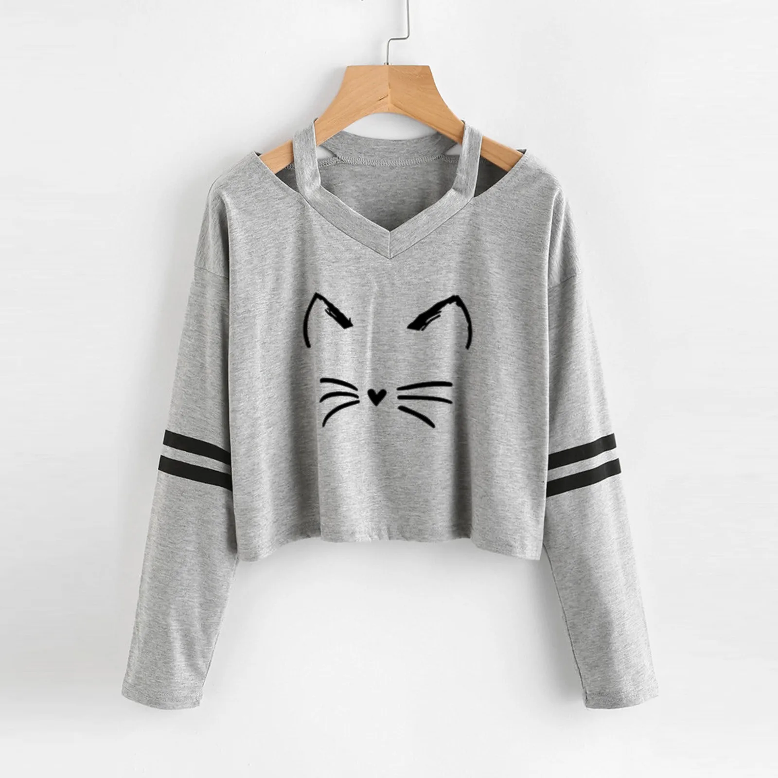 Милые короткие топы футболки с длинным рукавом и двумя полосами Женская