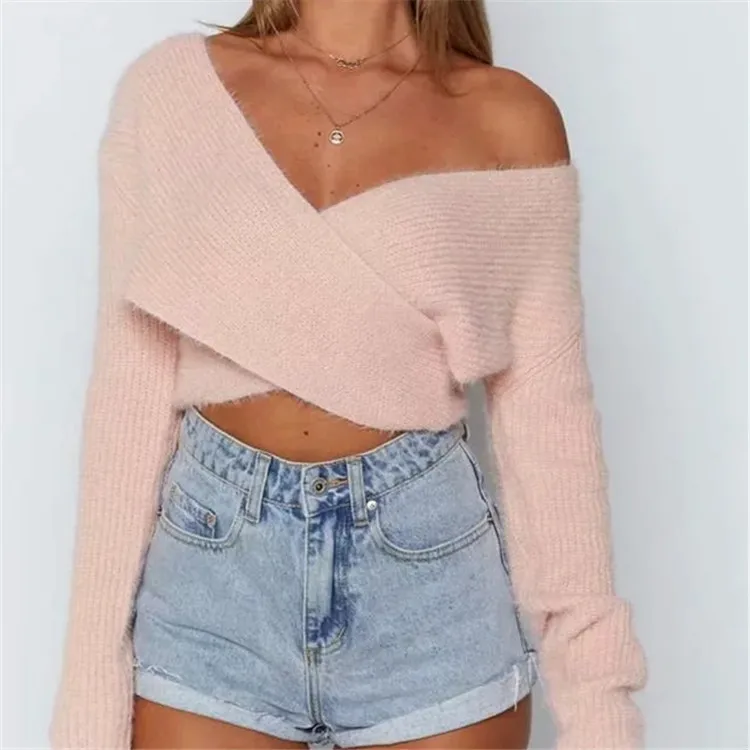 

Sweater women 2022 new style European and American fashion new style cross V-neck sexy short navel long-sleeved sweater