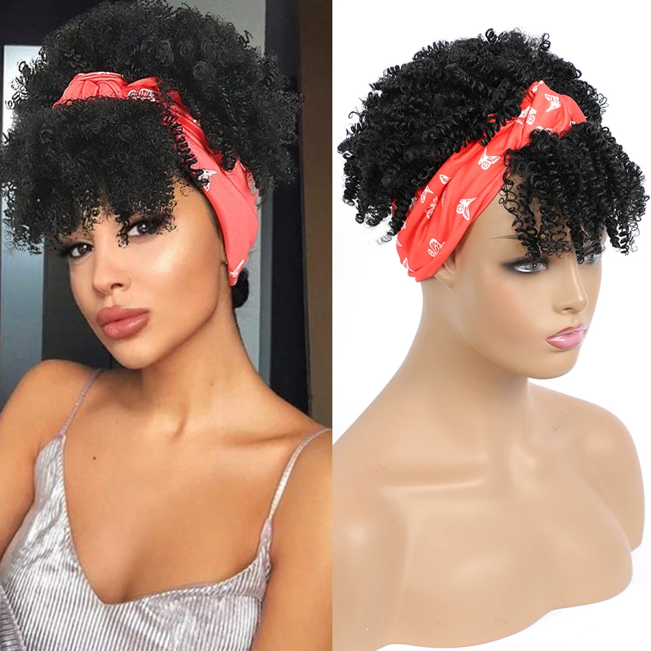 

Drawstring Afro Kinky Curly Wig Synthetic Short Wig With Bangs Turban Wrap-wig 2 in 1 Afro Puff Headband Wig for Black women