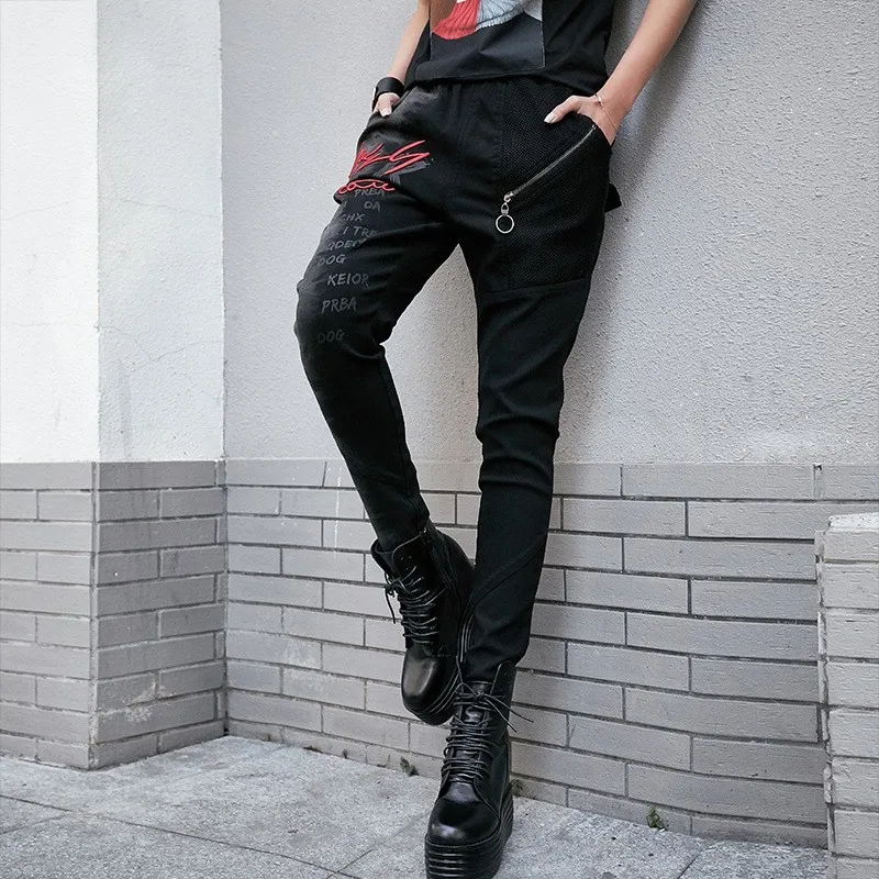 

Personality Womens Gradient Color Letter Embroidery Printed Pencil Pants Elastic Waist Full Length Slim Female Casual Trousers