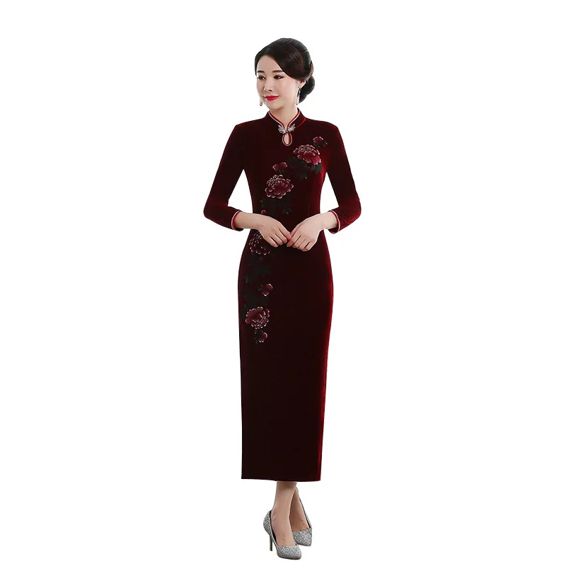 Женское бархатное платье Cheongsam Seven зимнее с длинными рукавами и подиумом 2019 |