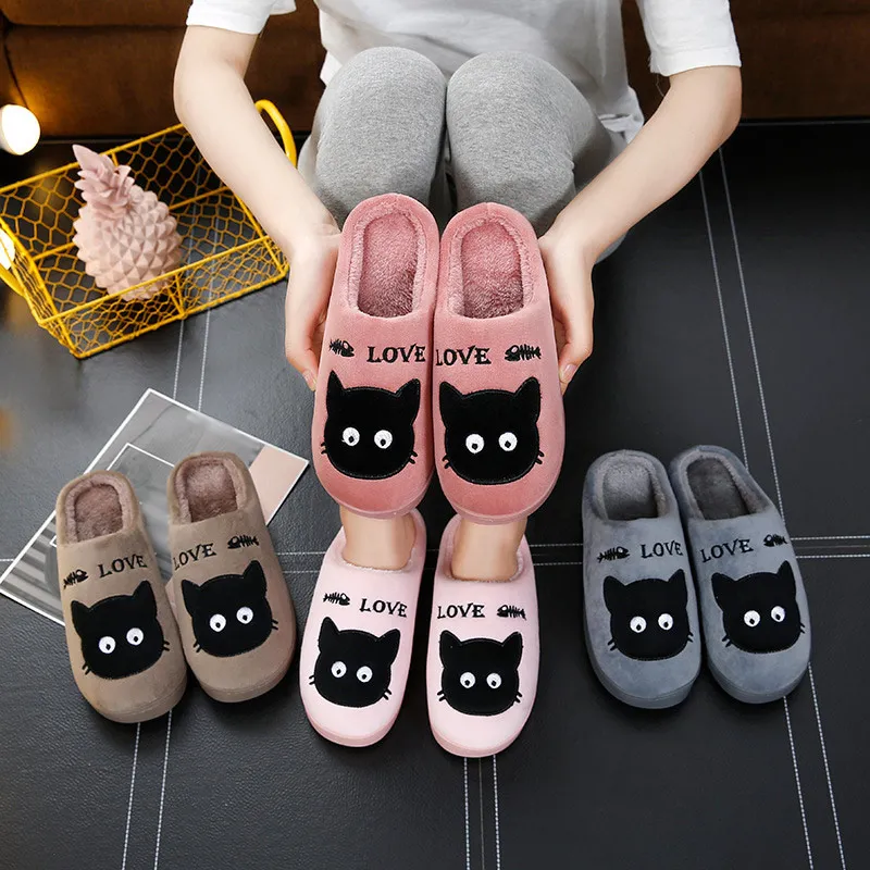 

2020 Women Cute Cat Slippers Couple Winter Home Flat Shoes Unisex Plush Warm Bedroom Female Slipper Casual Ladies Slide Shoes