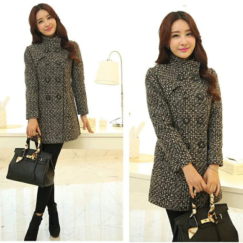 

NEW Autumn Winter Female Middle Long Mother Women Jacket Wool Coat Plaid Woolen Coat