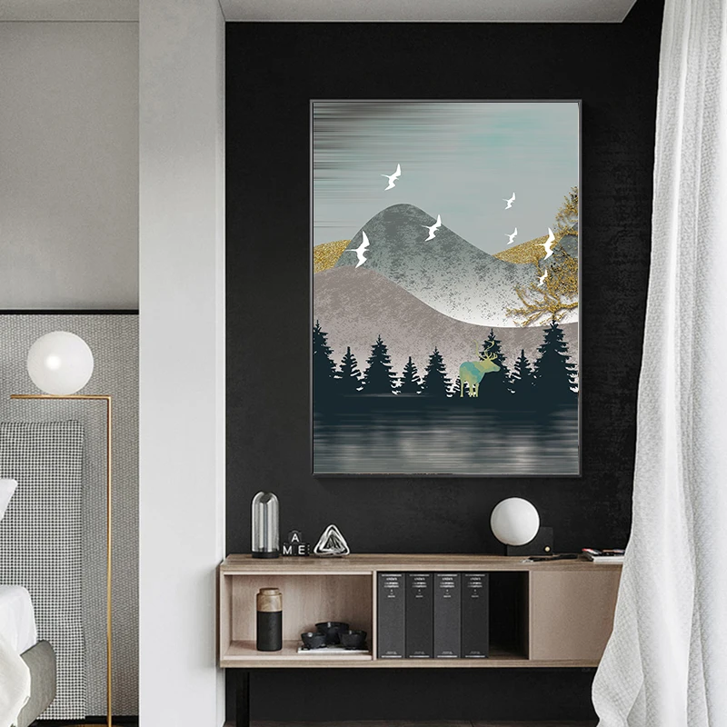 

Modern Gold Leaf Landscape Silhouette Wall Art Canvas Painting Nordic Posters and Prints Wall Pictures for Living Room Decor