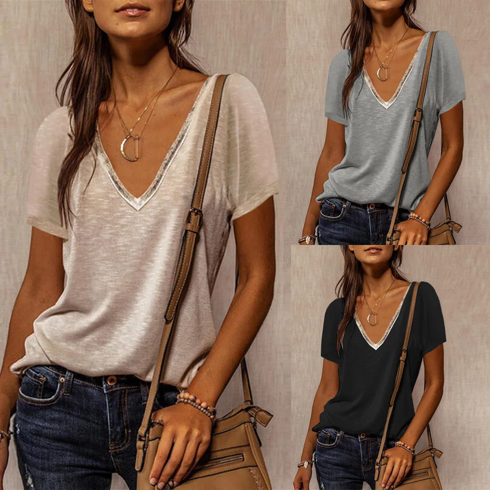

Summer Contrast Color Loose T-shirt Casual V-neck Short-sleeved Women Stitching Streetwear Top Lady Wide Fashion Femme Clothes