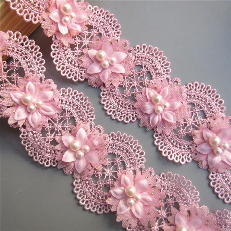 1 ярд полиэстер бело-розовая Жемчужина цветы вышитые кружева отделка Лента для