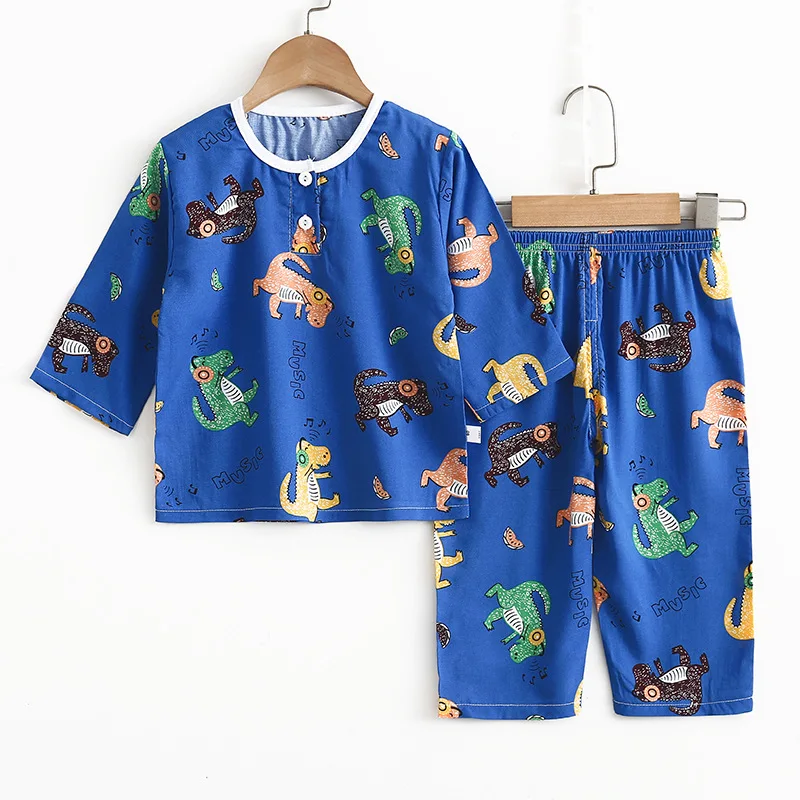 

Новинка 2021, летние Пижамные комплекты для мальчиков и девочек, футболка с рукавом три четверти и мультяшным принтом, топы и штаны, комплекты ...