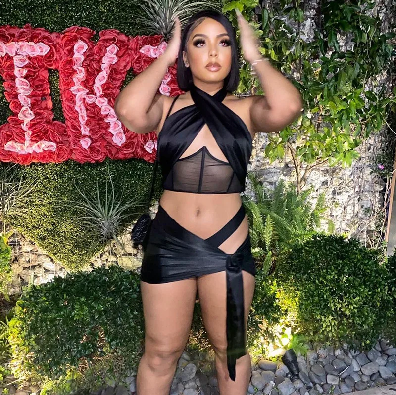 

2021 Newest Black Color 3pcs/set Women Suits Clubwear Hollow Out Tube Tops Halter Push Up Tank High Waist Lace-up Mini Skirt