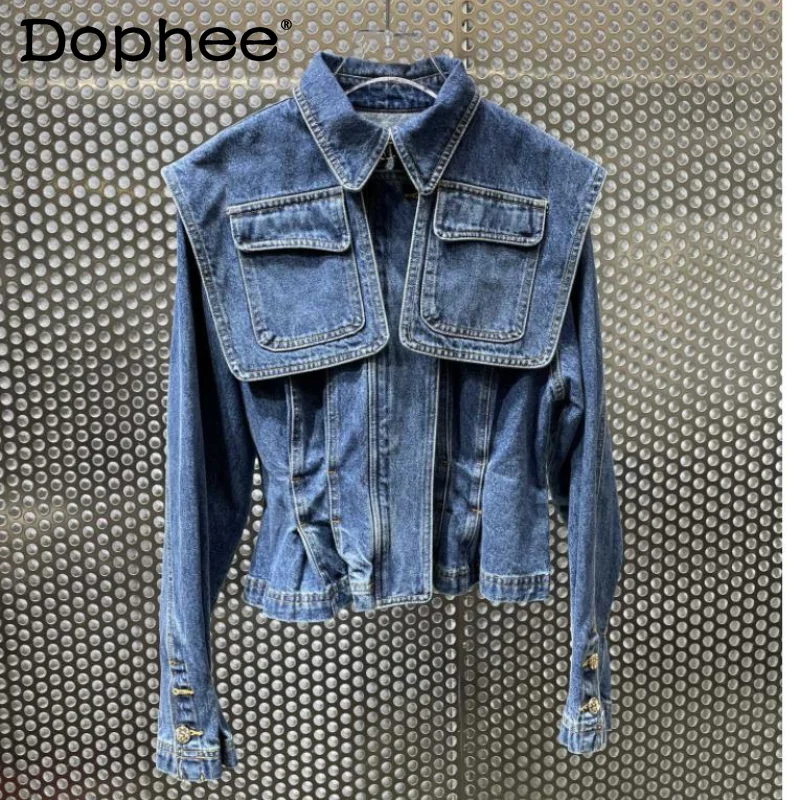 

Big Pocket Shawl Design Ruched Waisted Zipper Denim Jacket Women Jean Jacket 2021 Autumn New Clothing Loose Versatile Coat Top