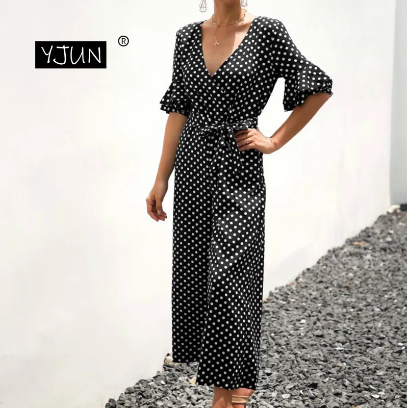 Summer Jumpsuit Polka Dot Casual Long Pants Ruffle Short Sleeve Vintage Boho Fashion Beach Overalls Women Rompers | Женская одежда