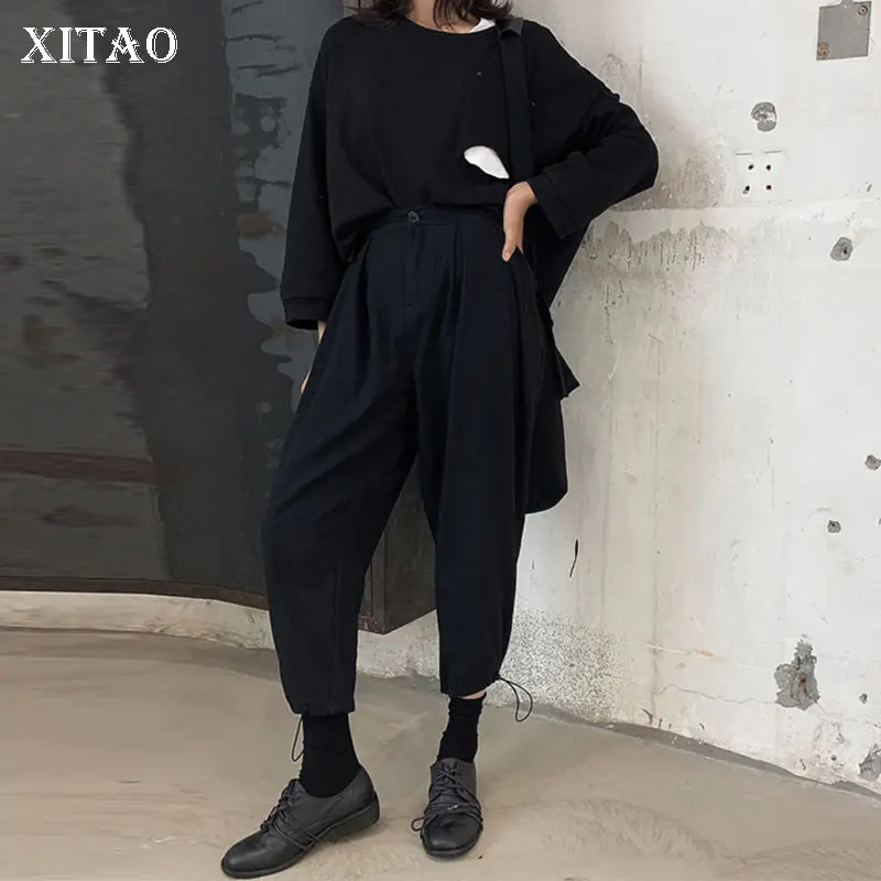 XITAO прилив, тонкий, с карманом, черные штаны-шаровары с принтом Модный корейский стиль; с плиссировкой; меньшинств эластичный шнурок на талии длинные брюки GCC1954