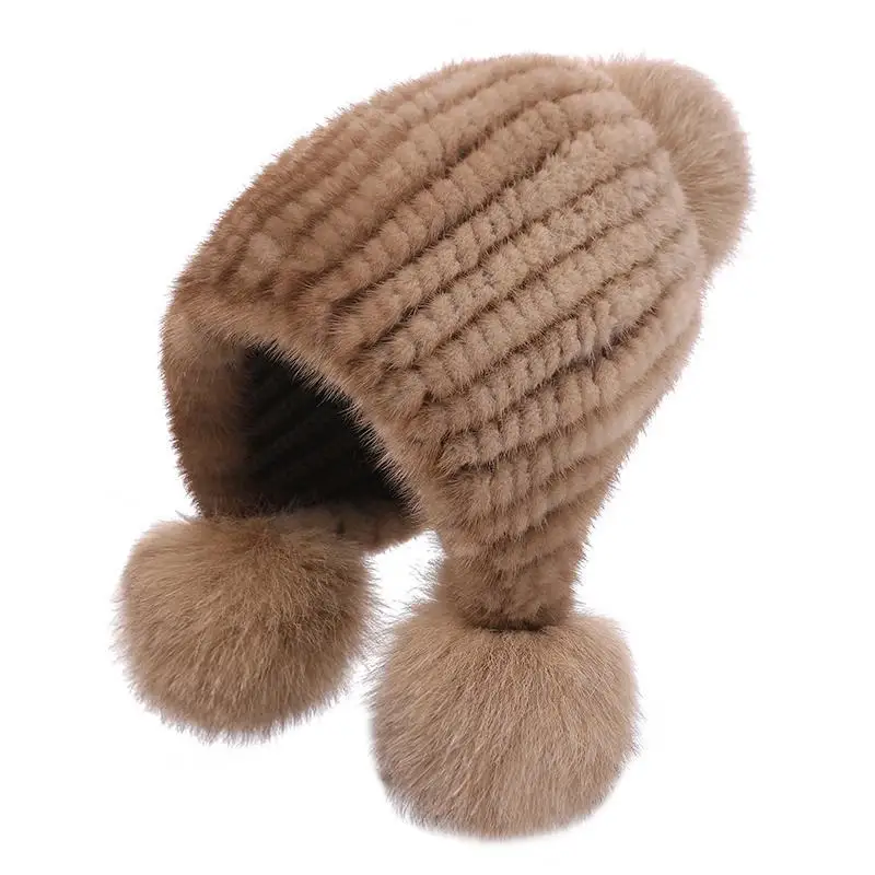 

New Mink Fur Women's Hat 2020 Fashion Winter Mink Woven Ladies Fox Fur Ball Warm Ear Protection Thick Winter Hat