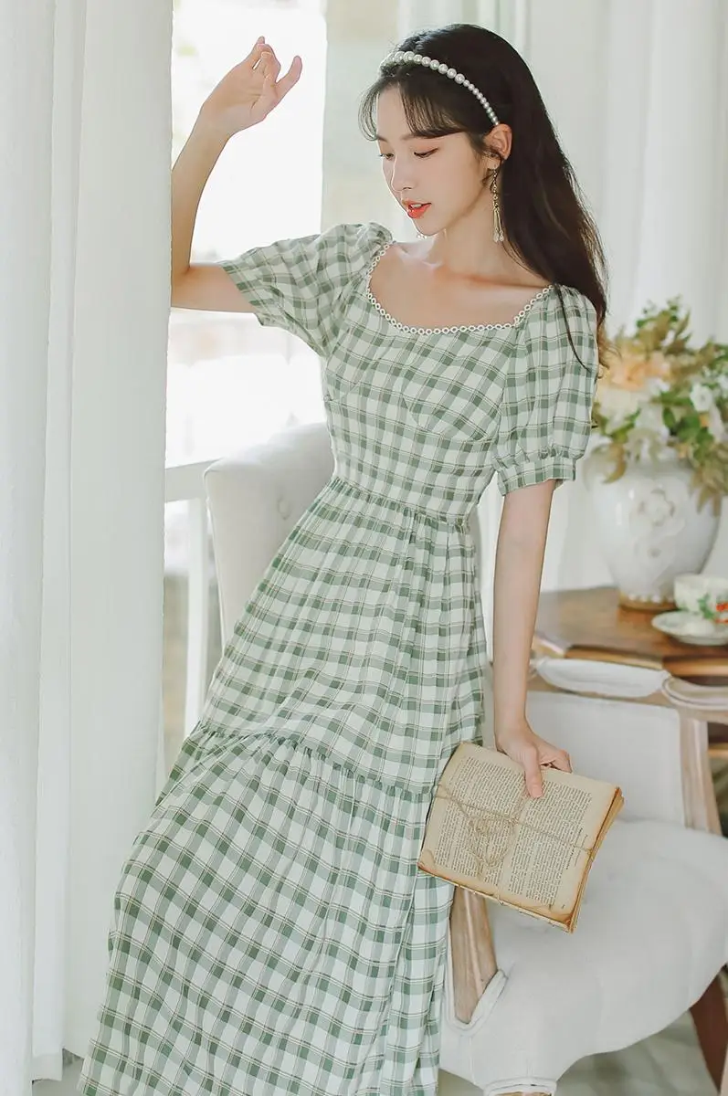 

COIGARSAM Vintage Women One-Piece Dress Korean New Dresses Green Plaid Y1399