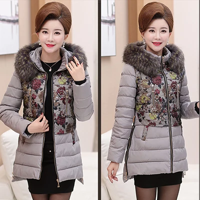 Abrigos mujer invierno, модный принт, зимний женский пуховик, хлопок, средней длины, куртка, парка с капюшоном, меховой воротник, утолщенное пальто - Цвет: gray