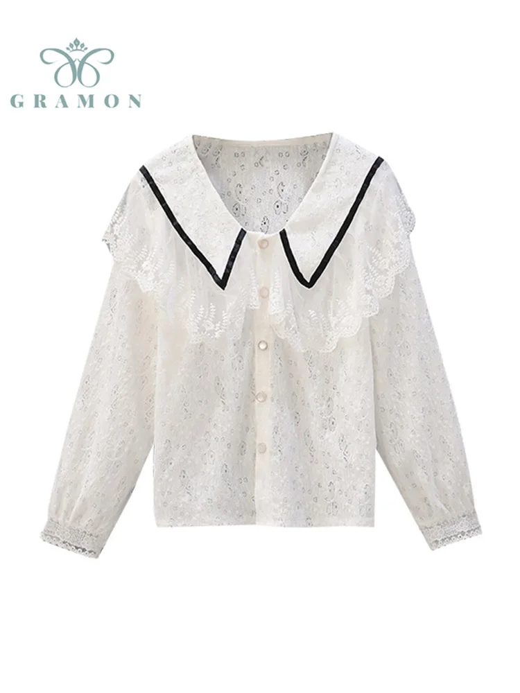 

Lace Blouses Chic Camisas De Mujer Long Sleeve Peter Pan Collar Sweet Tops Women Autumn Shirts Korean Fashion All-Match Blusas