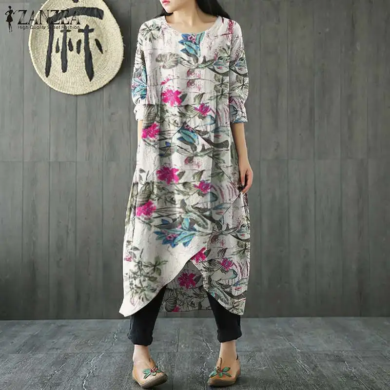 

ZANZEA Women Fashion Kaftan Full Sleeve Casual Dress Autumn Elegant Floral Printed Irregular Long Maxi Shirt Femme Saias Longas