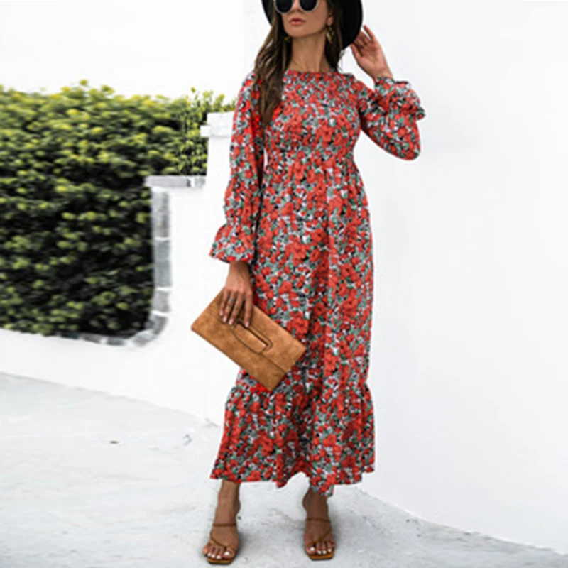 

Женское платье-макси с цветочным принтом, длинным рукавом-фонариком и круглым вырезом