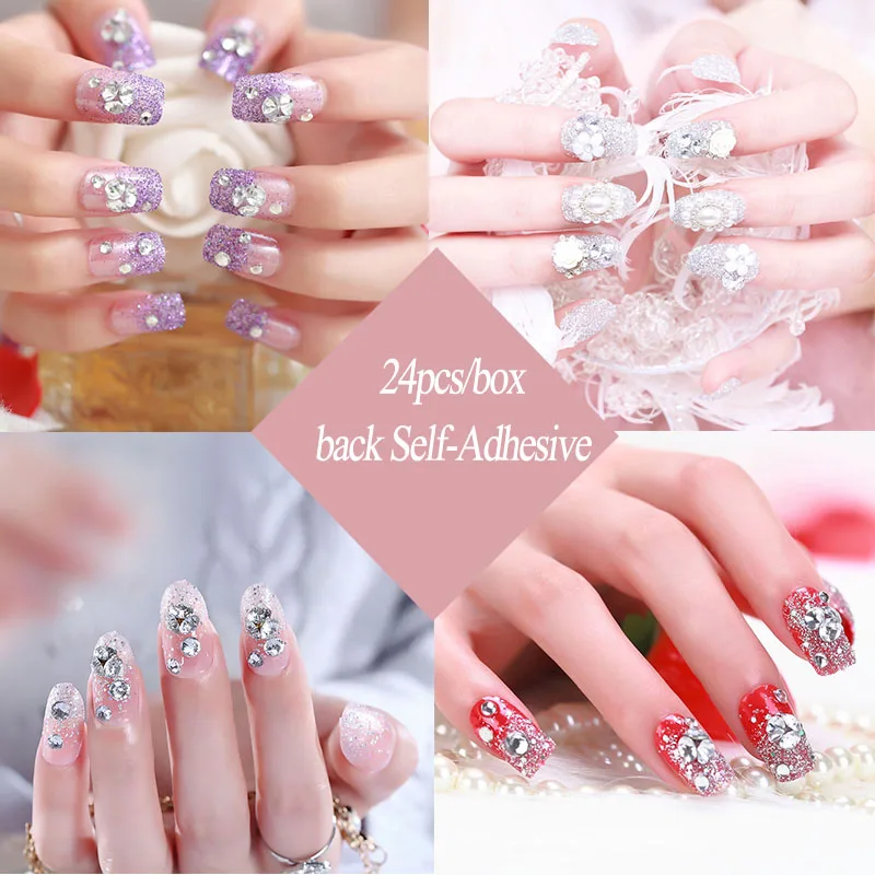 24 шт. акриловое полное покрытие для дизайна ногтей с клеем невесты блестящие