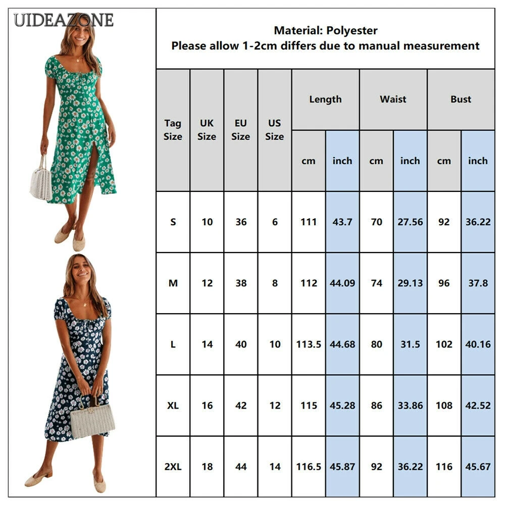 

Women Boho Dress Floral Daisy Square Collar Short Sleeve Tight knee-length Split Dress Ladies Summer Holiday Beach Dress