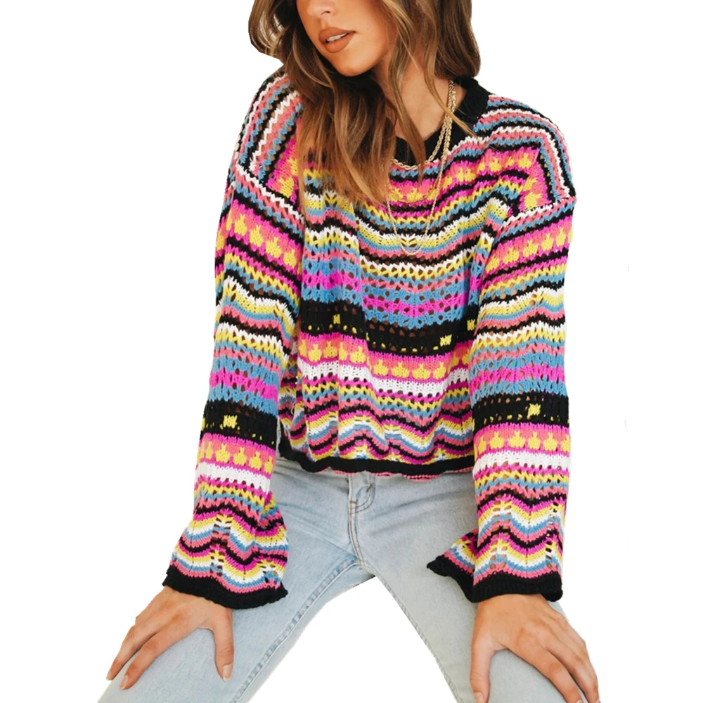 

2022 Women Christmas Sweater Autumn Winter Sweet Multi-Color Stripe Pullover O-Neck Loose Hollow Korean-Style Crocheted Tops